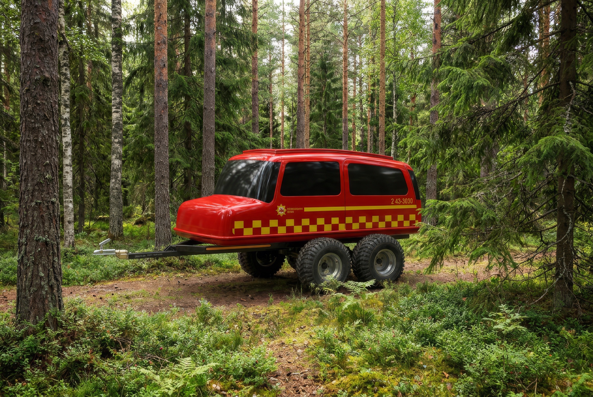 Rescuesled-kabinen på ATV-vagn i sommarskog